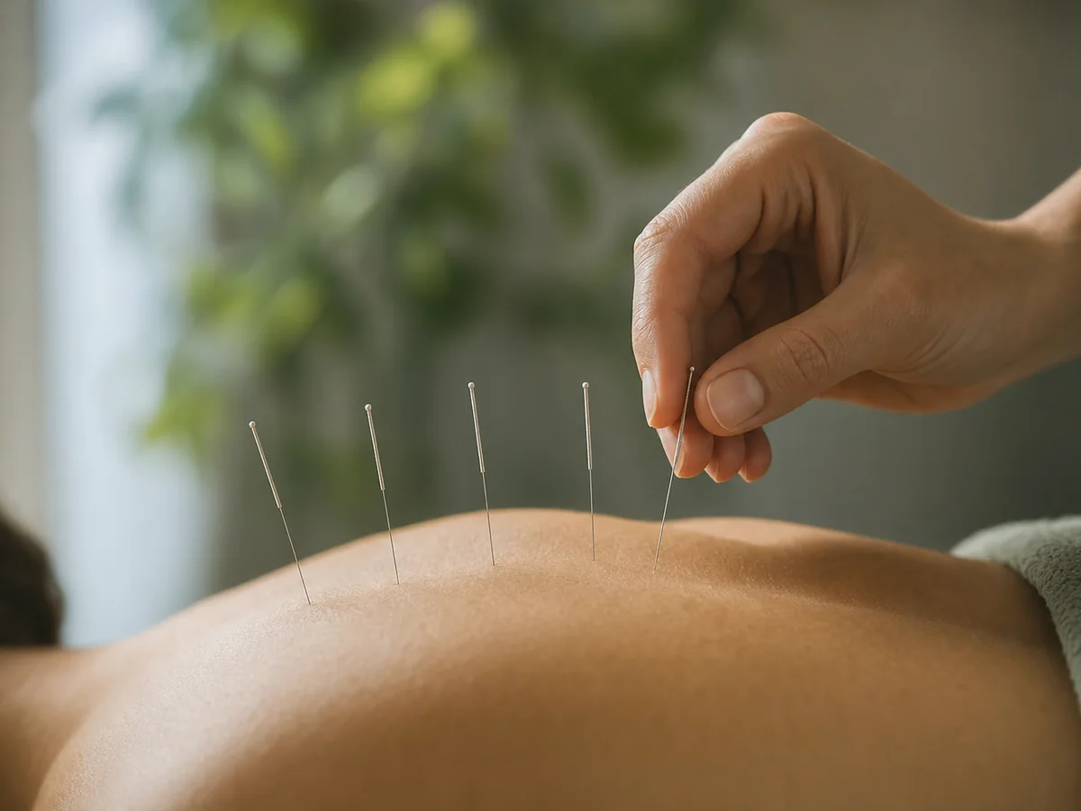 Practitioner gently placing a fine acupuncture needle on a relaxed back