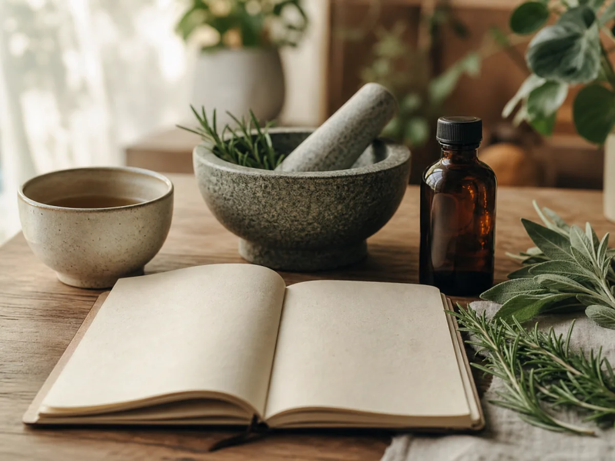 Herbs, tea, and notebook prepared for a wellness consultation