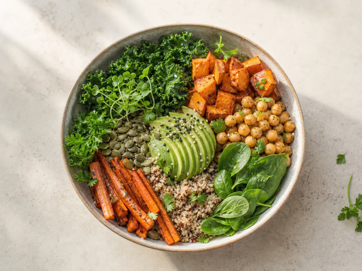 Balanced whole-food meal with vegetables, grains, and greens