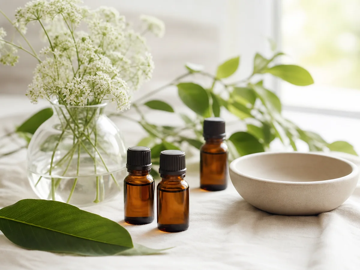 Botanical ingredients and amber bottles arranged for personalized care
